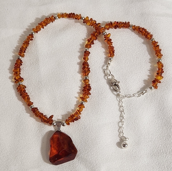 Genuine Sterling Silver & Genuine Baltic Amber Handmade Necklace - Picture 8 of 13